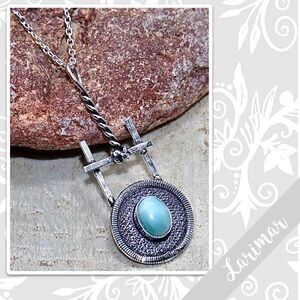 Larimar Large Edgy Eclectic Silver Artisan Necklace, 18” (Turquoise / Aqua Blue)